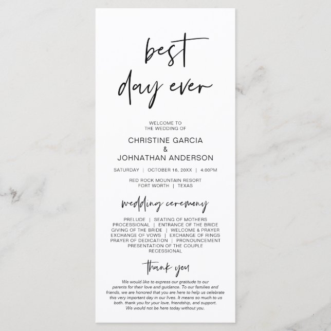 Best day ever, Modern Minimalist Wedding Programme (Front)