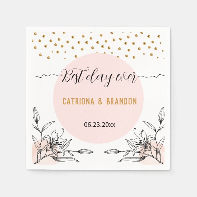 Best Day Ever Modern Pink Black Flower Gold Dots  Napkin (Front)