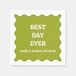 Best Day Ever Olive Green Wavy Custom Wedding  Napkin