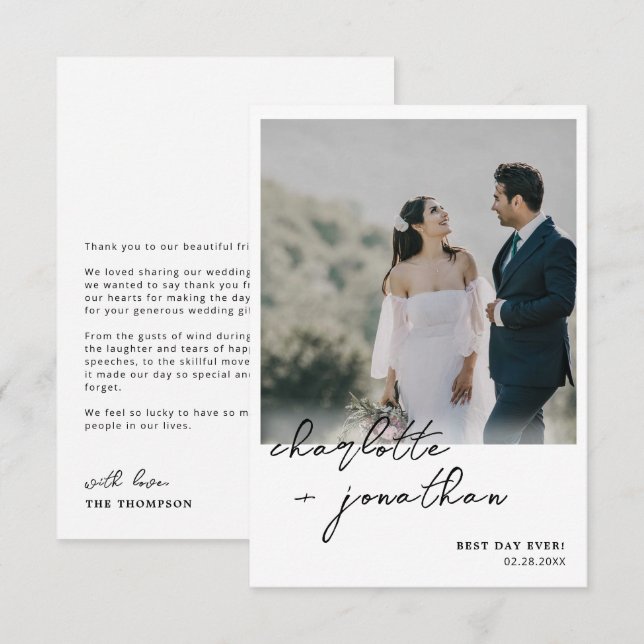 Best Day Ever Photo Calligraphy Script Wedding Thank You Card (Front/Back)