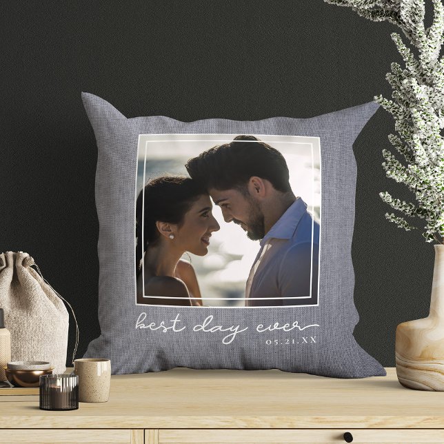 Best Day Ever Photo Script Newlywed Wedding Date Cushion (Celebrate forever! Our 'Best Day Ever' photo script pillow with your wedding date)