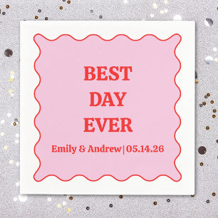 Best Day Ever Pink & Red Scalloped Custom Wedding Napkin