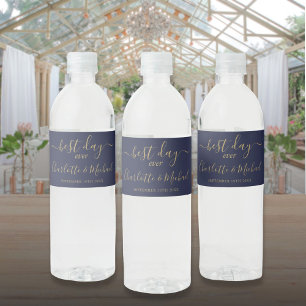 Best Day Ever Script Navy Blue And Gold Wedding Water Bottle Label