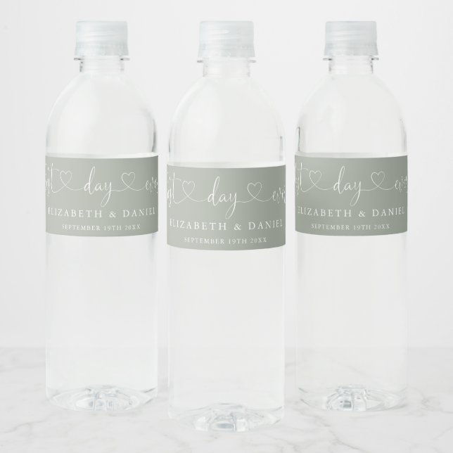 Best Day Ever Script Sage Green Wedding Water Bottle Label (Bottles)