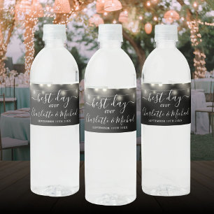 Best Day Ever String Lights Black White Wedding Water Bottle Label