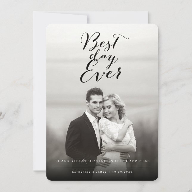 Best Day Ever Stylish Script Photo Modern Wedding Thank You Card (Front)