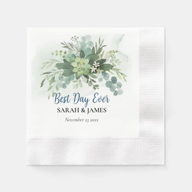 Best Day Ever Succulent Wedding Floral Botanical  Napkin (Front)