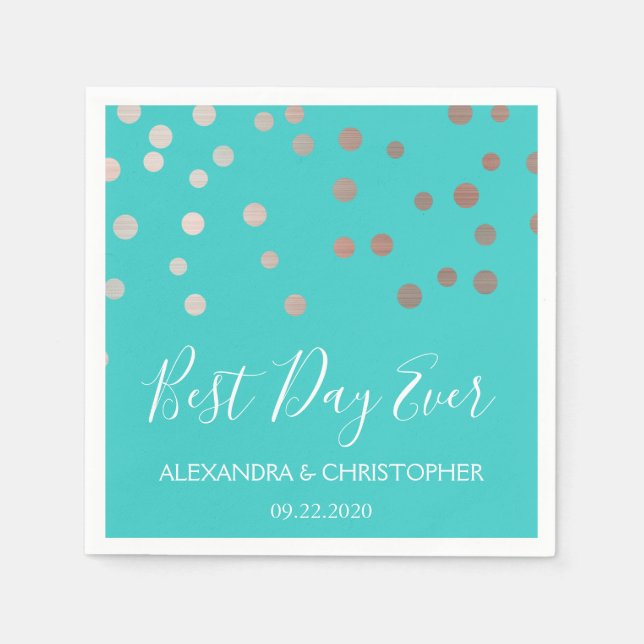 Best Day Ever Teal Blue Confetti Wedding Napkin (Front)