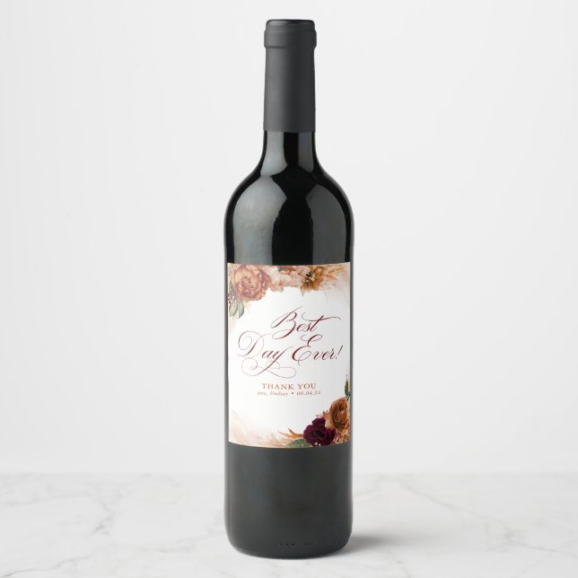Best Day Ever Terracotta Floral Wedding Favours Wine Label (Front)