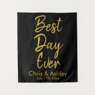 Best Day Ever Wedding Backdrop Black and Gold Prop Tapestry