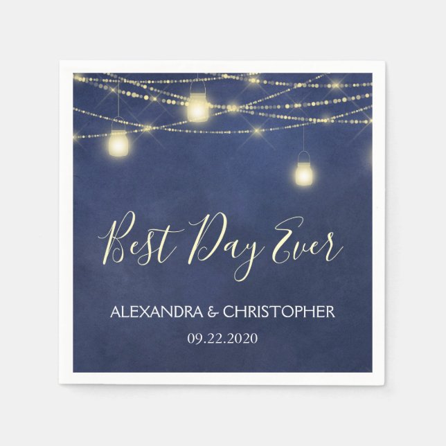 Best Day Ever Wedding Mason Jar and String Lights Napkin (Front)