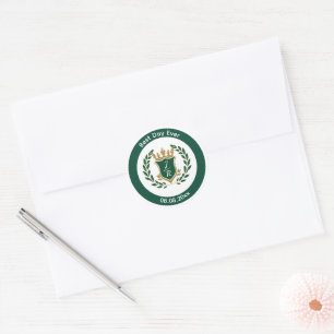 Best Day Ever Wedding Monogram Green Gold Crest Classic Round Sticker