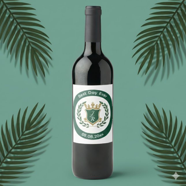 Best Day Ever Wedding Monogram Green Gold Crest Wine Label (Best Day Ever Label)