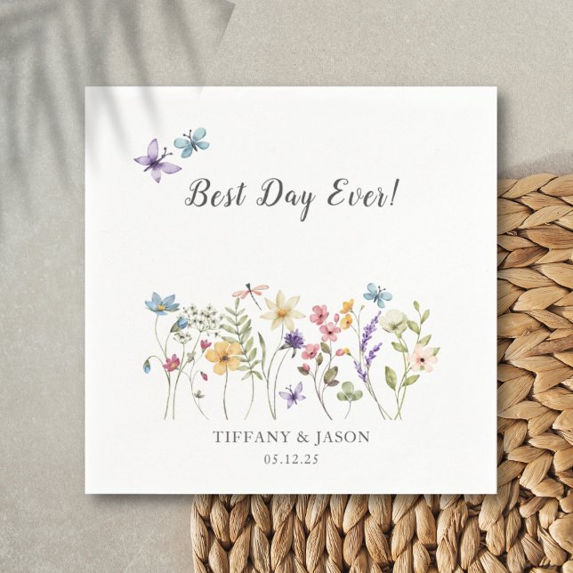 Best Day Ever Wildflower Floral Wedding Cocktail Napkin (Creator Uploaded)