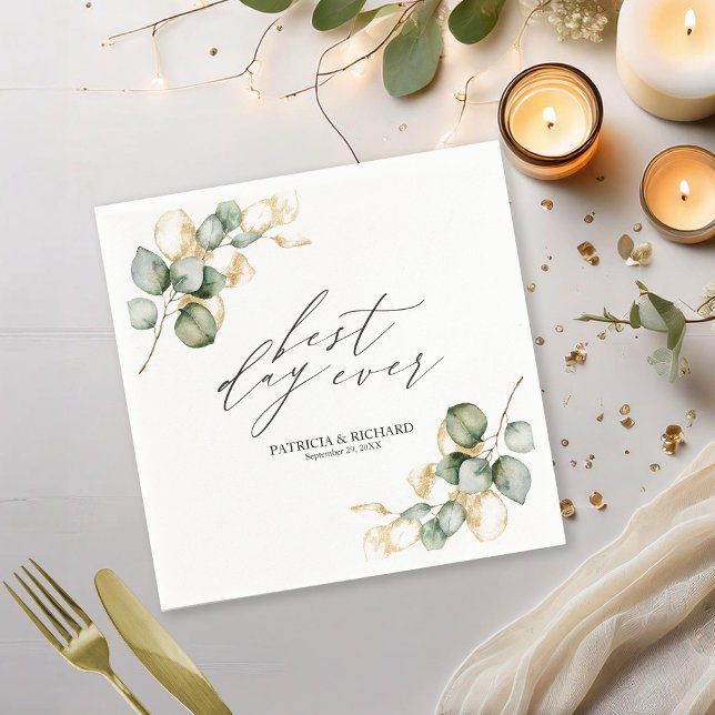 Best Day EverElegant Gold Greenery Wedding Napkins (Creator Uploaded)