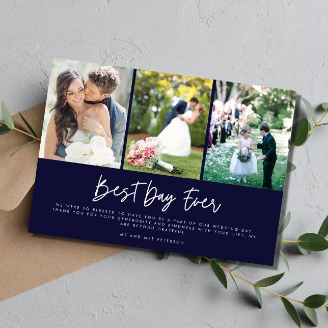Best Day Every Navy Three Photo Wedding Thank You Card (Creator Uploaded)