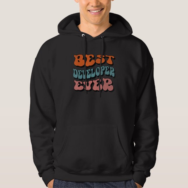 Best Developer Ever, Distressed Retro Groovy Devel Hoodie (Front)