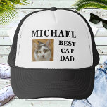 Best Dog Cat Dad Custom Photo Text Personalised Trucker Hat<br><div class="desc">Upload a photo, customise the text, and easily create your personalised trucker hat. Click CUSTOMIZE FURTHER to change the text colours. You can TRANSFER this DESIGN on other Zazzle products and adjust it to fit most of the Zazzle items. Standard Studio designs are made in high-resolution vector graphics for a...</div>