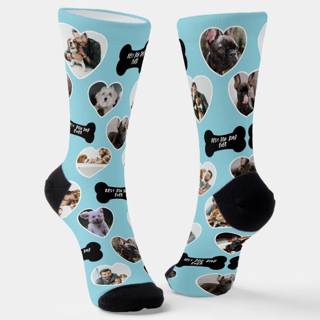 Best Dog Dad 16 Heart-Shaped Pet Photo Collage Socks (Angled)