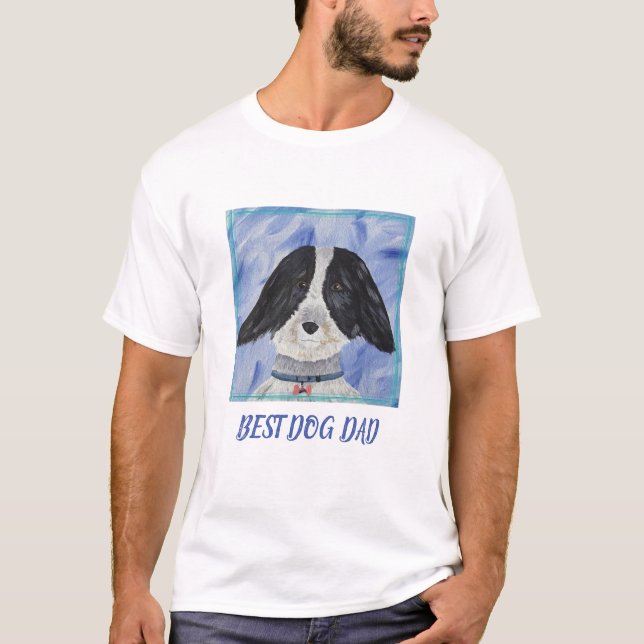 Best Dog Dad Black and White Loose Furry on Blue T-Shirt (Front)