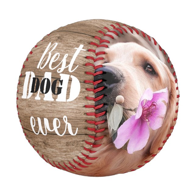 Best Dog Dad Ever 2 Photo Collage Rustic Wood Baseball (Angled)