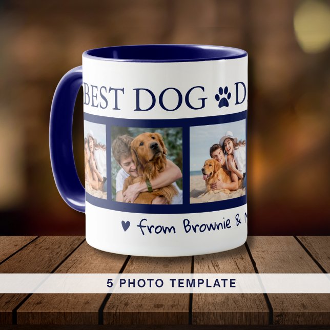 Best Dog Dad Ever 5 Photo Collage Pet Name Blue Mug (Best Dog Dad Ever 5 Photo Collage Pet Name Blue Mug)