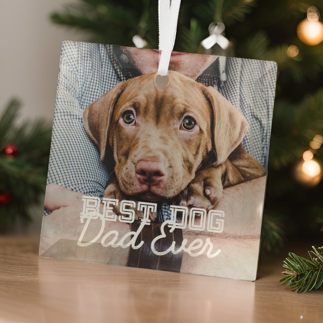 Best Dog Dad Ever Modern Custom Pet Photo Glass Tree Decoration (Creator Uploaded)