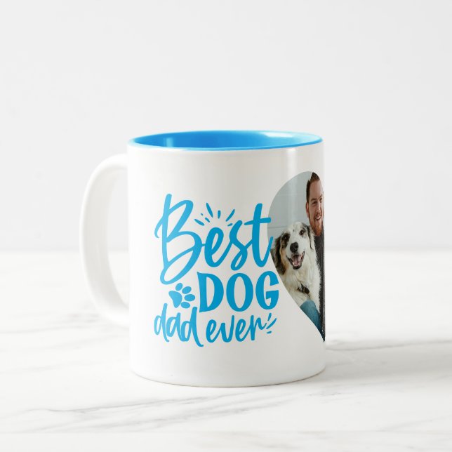 Best Dog Dad Ever Name Pet Photo Blue Two-Tone Coffee Mug (Front Left)