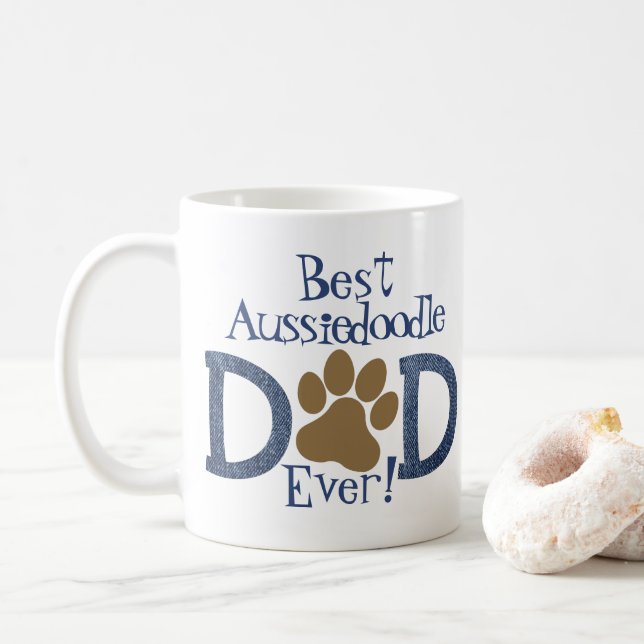 Best Dog Dad Ever, Paw Print & Denim, Photo Coffee Mug (With Donut)