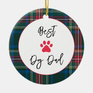 Best Dog Dad Love, Pet Name Paw Holiday Plaid Ceramic Tree Decoration