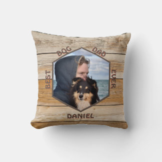 Best Dog Dad Rustic Wood Custom Photo Cushion