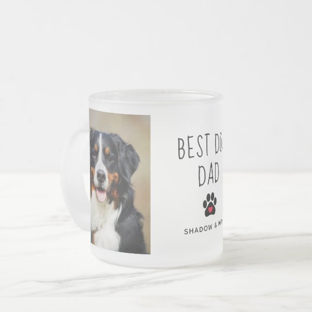 Best Dog Dad | Two Photo Handwritten Text Coffee Frosted Glass Coffee Mug (Front Left)