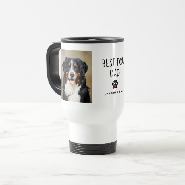 Best Dog Dad | Two Photo Handwritten Text Coffee Travel Mug (Front Left)