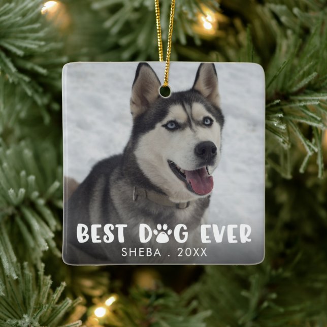 BEST DOG EVER Paw Print Personalised Photo Ceramic Ornament (Tree)
