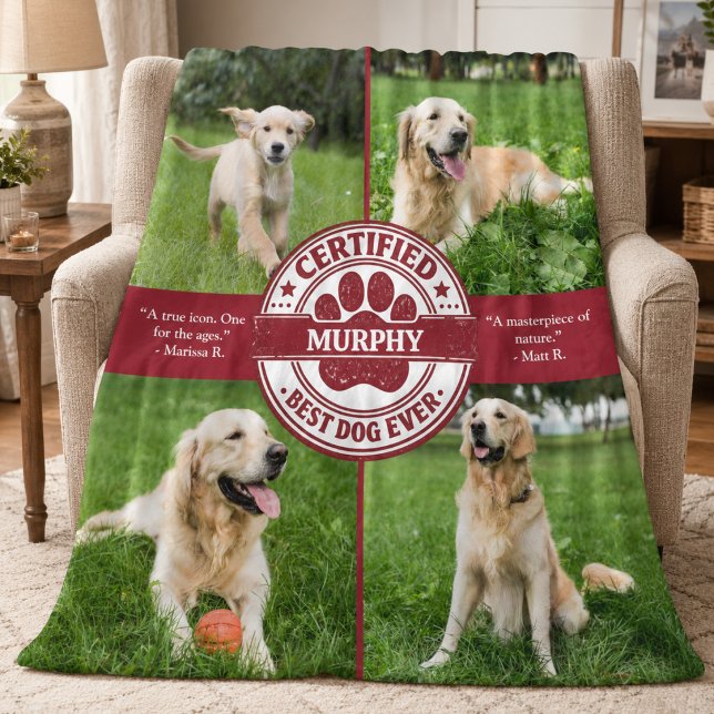 Best Dog Ever Photo Collage Fleece Blanket (cute funny certified best dog ever 4 photo collage fleece blanket with custom pet photos and reviews)