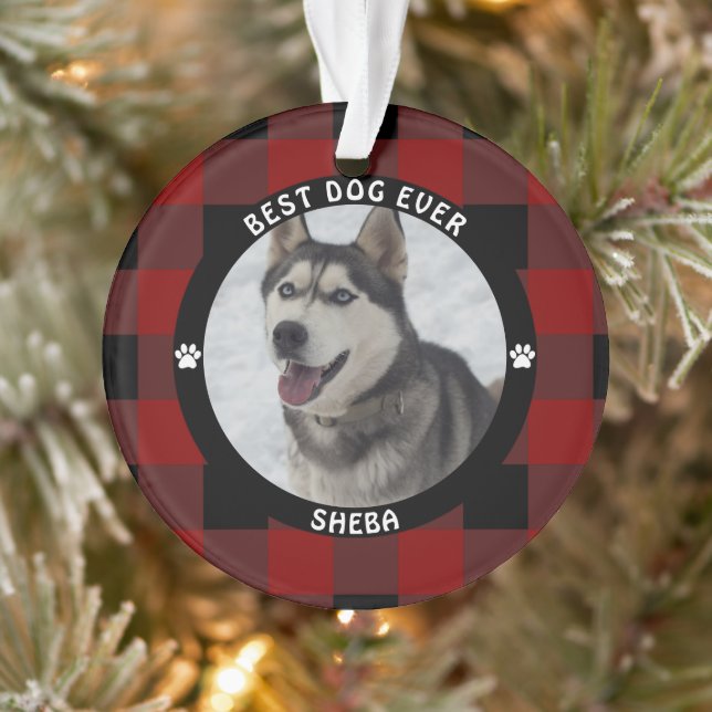BEST DOG EVER Red Plaid Personalised Ornament (Tree)