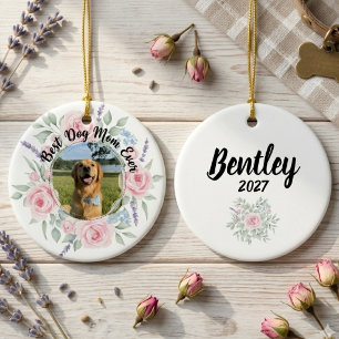 Best Dog Mom Floral Wreath Watercolor Keepsake Ceramic Tree Decoration