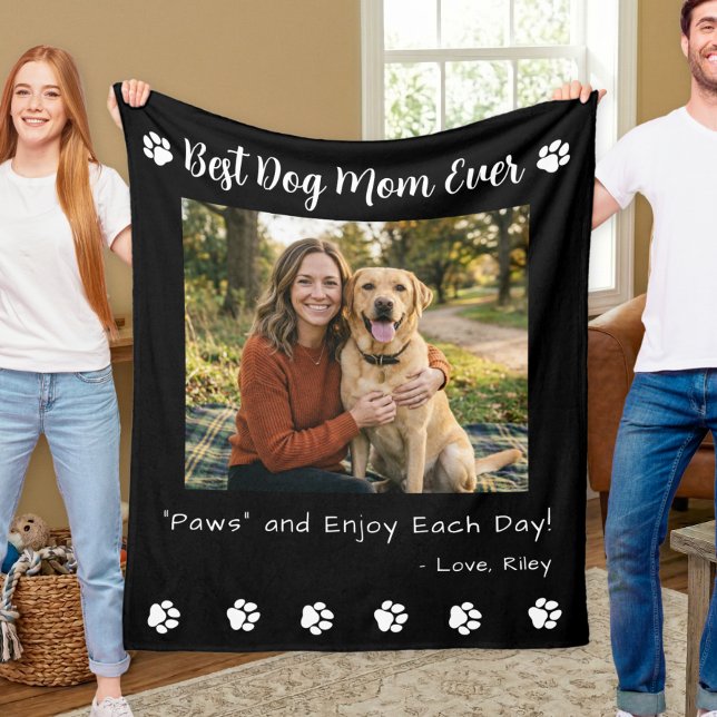 Best Dog Mom Paws Pet Black Photo Fleece Blanket (Creator Uploaded)