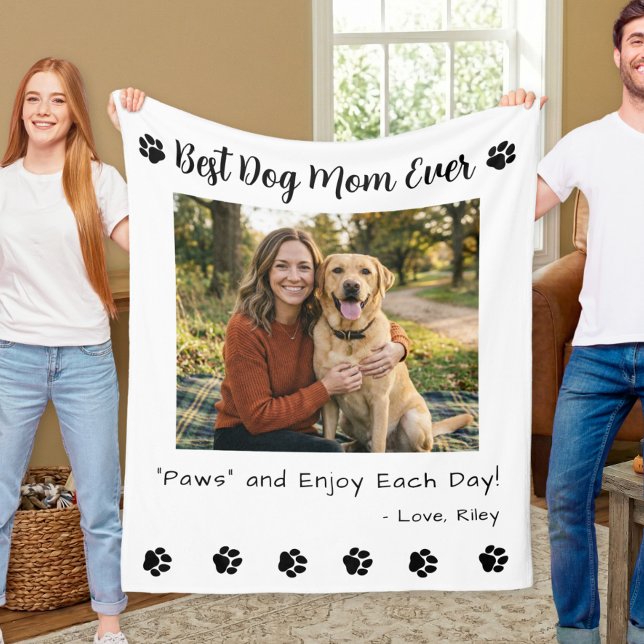 Best Dog Mom Paws Pet White Photo Fleece Blanket (Creator Uploaded)