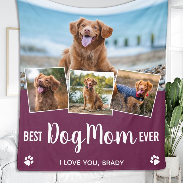 Best DOG MOM Personalised  Pet 4 Photo Collage Fleece Blanket (Creator Uploaded)