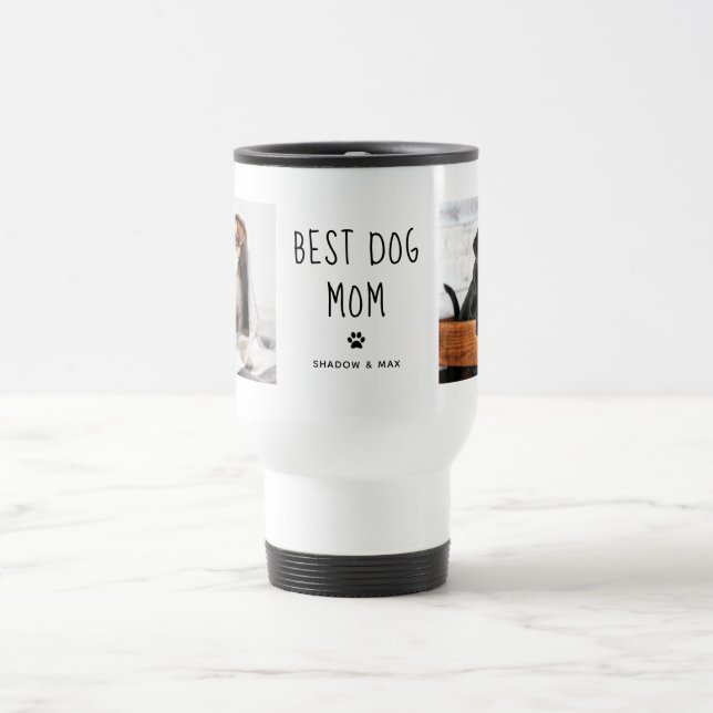 Best Dog Mom | Two Photo Handwritten Text Travel Mug (Center)