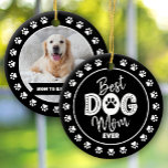 Best Dog Mum Ever Custom Photo Black White Type Ceramic Tree Decoration<br><div class="desc">“Best Dog Mum Ever.” Every day is better with your best friend by your side. The front sports fun, white typography and handwritten white script with a playful border of white paw prints on a black circle. The back showcases your dog’s custom photo, their name and more paw prints. Surprise...</div>