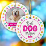 Best Dog Mum Ever Custom Photo Pink Type on White Ceramic Tree Decoration<br><div class="desc">“Best Dog Mum Ever.” Every day is better with your best friend by your side. The front sports fun, hot pink typography and handwritten grey script with a playful border of multicolor purple, pink, orange, yellow, turquoise and green paw prints on a white circle. The back showcases your dog’s custom...</div>
