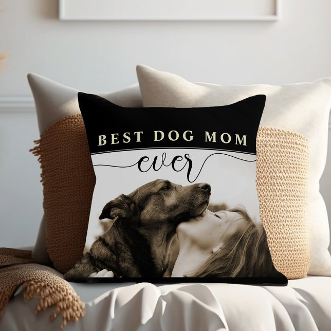 Best Dog Mum Ever Mother's Day Throw Pillow (Best dog mom ever black and white simple modern pillow with photo)
