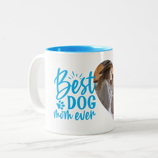Best Dog Mum Ever Name Pet Photo Blue Two-Tone Coffee Mug (Front Left)