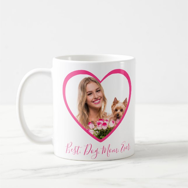 Best Dog Mum Ever Personalised Heart 2 Photo Pink Coffee Mug (Left)