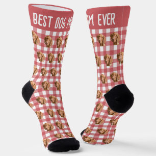 Best Dog Mum Ever Pet Photo on Red Gingham Plaid Socks