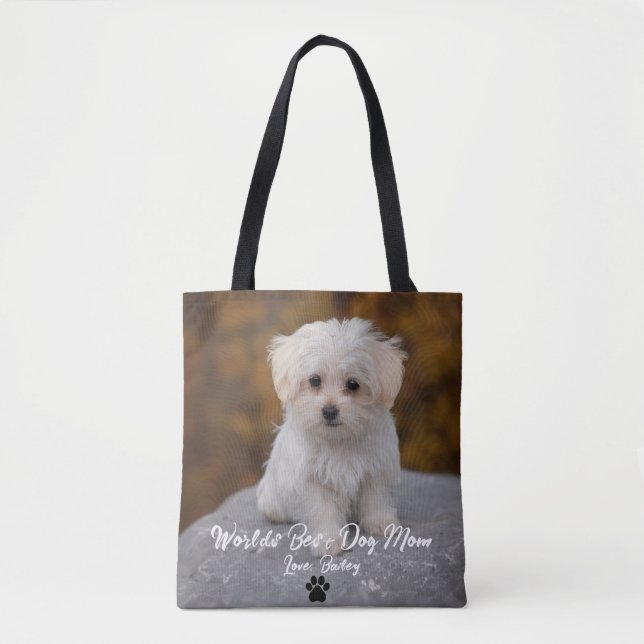 Best Dog Mum Paw Print Custom Pet Photo Tote Bag (Front)