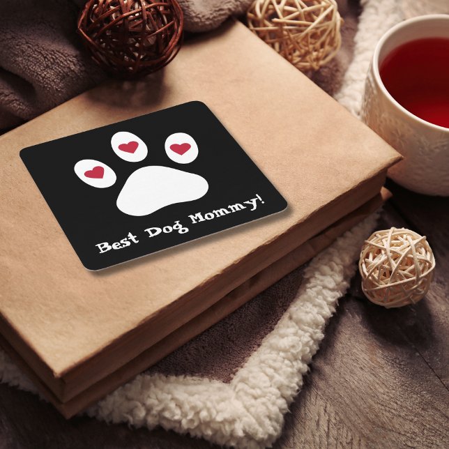 Best Dog Mum, Paw Print & Heart, Black, Minimalist Square Paper Coaster (Creator Uploaded)