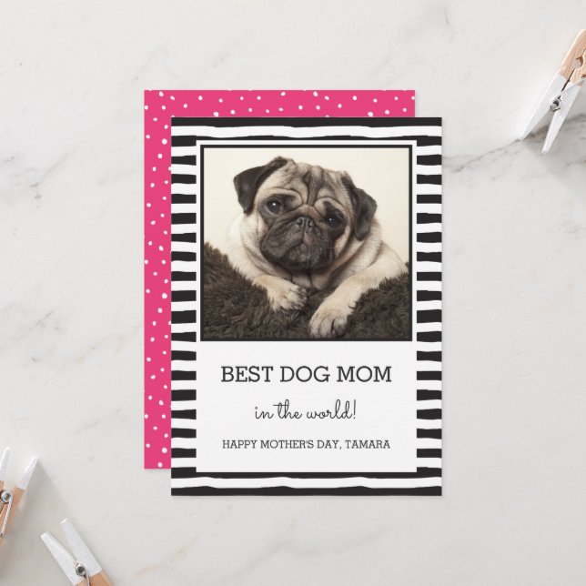 Best Dog Mum Striped | Black | Photo Mother's Day Card (Front/Back In Situ)
